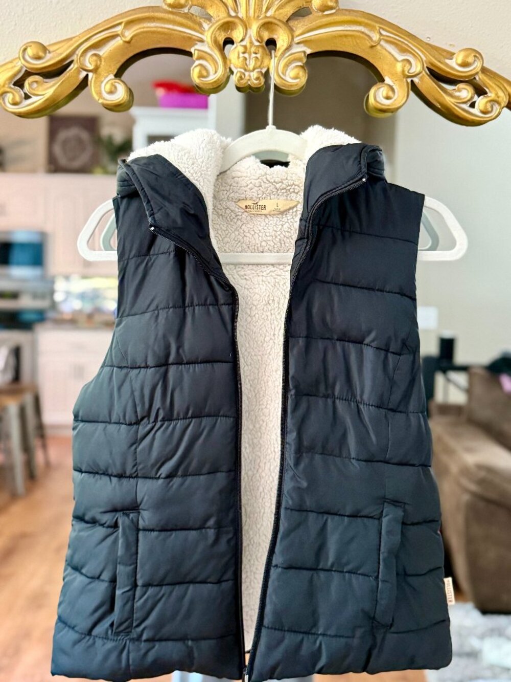 Hollister Navy Puffer Vest with Sherpa Lining & Hood | L